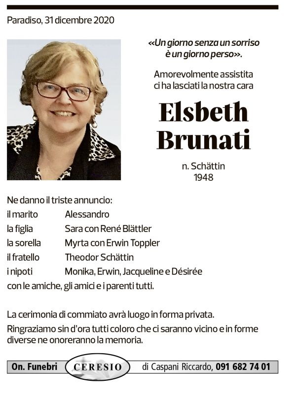 Annuncio funebre Elsabeth Brunati