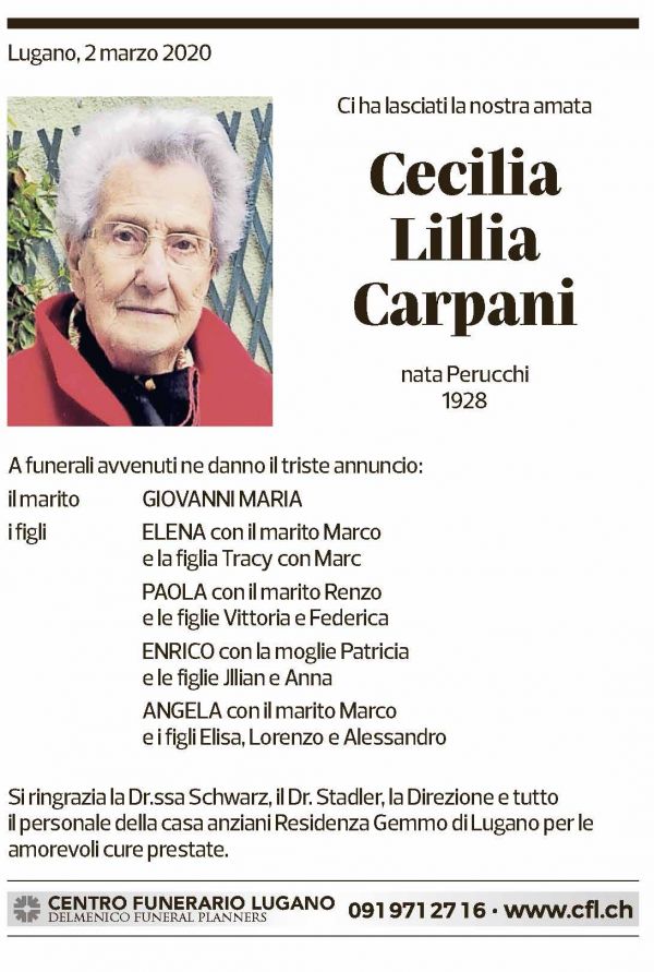 Annuncio funebre Cecilia Lillia Carpani