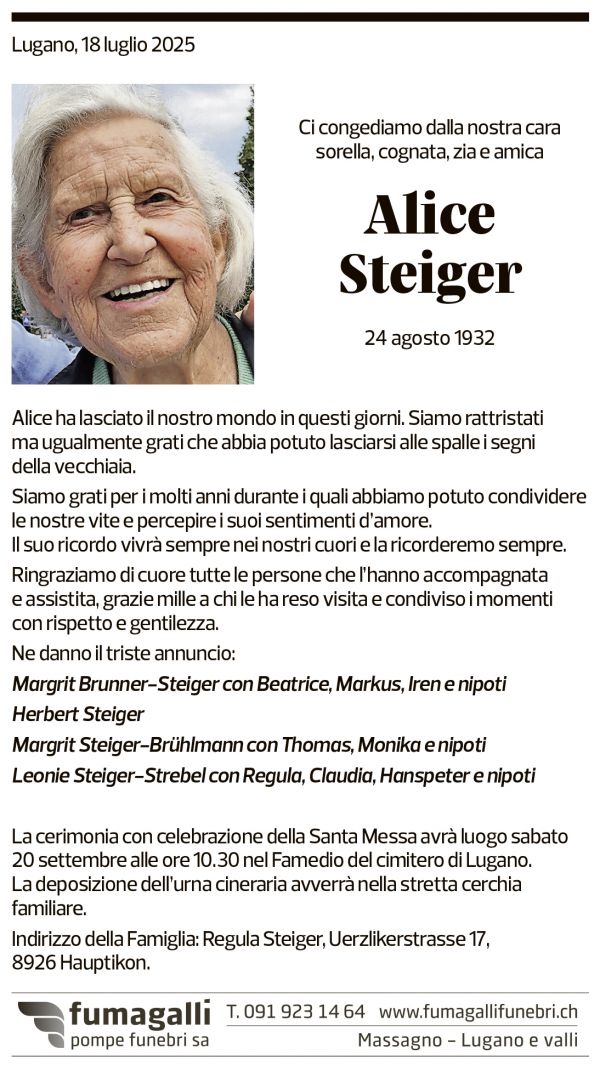 Annuncio funebre Alice Steiger