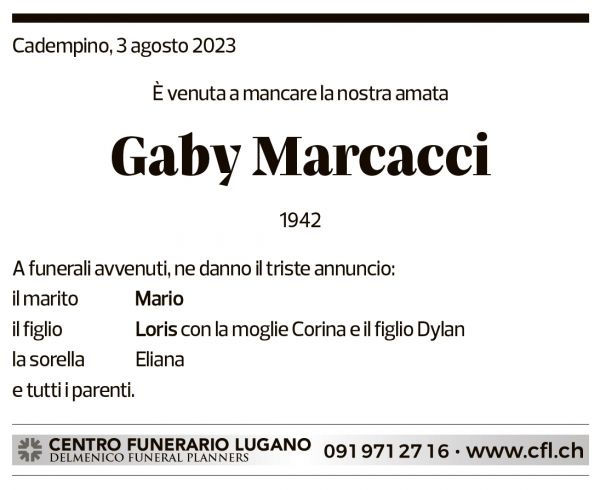 Annuncio funebre Gaby Marcacci