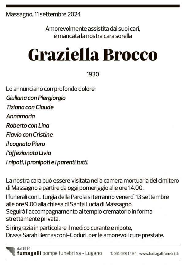 Annuncio funebre Graziella Brocco