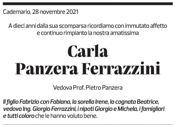 Annuncio funebre Carla Panzera Ferrazzini