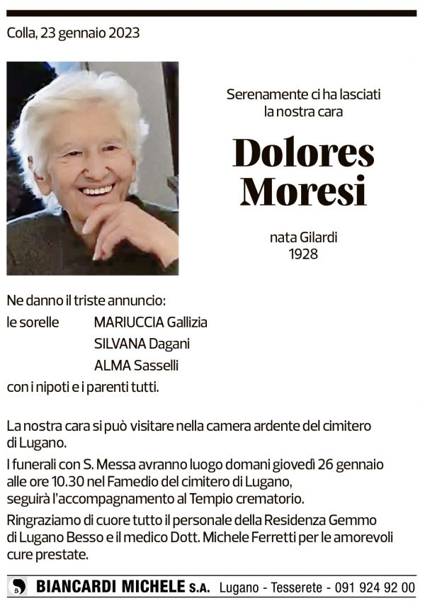 Annuncio funebre Dolores Moresi