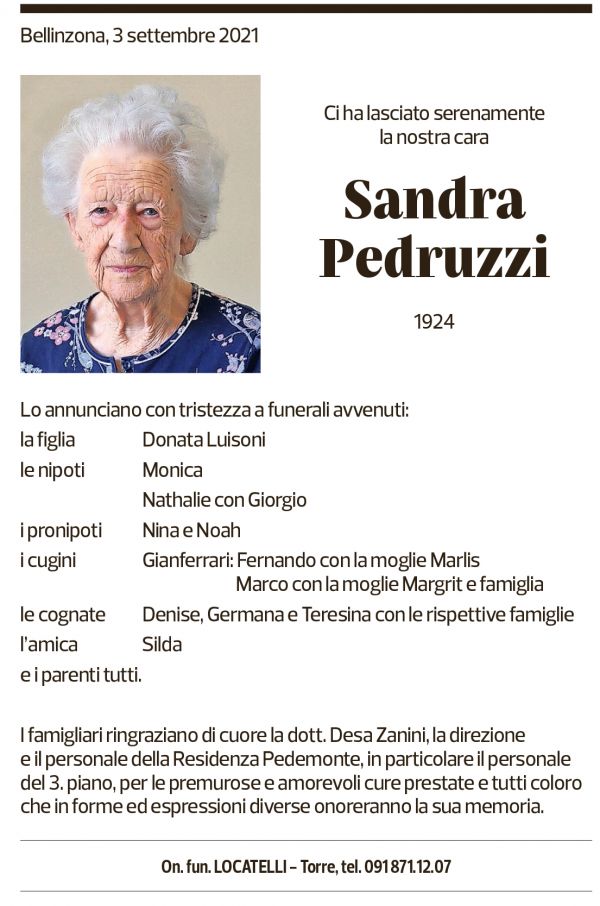 Annuncio funebre Sandra Pedruzzi