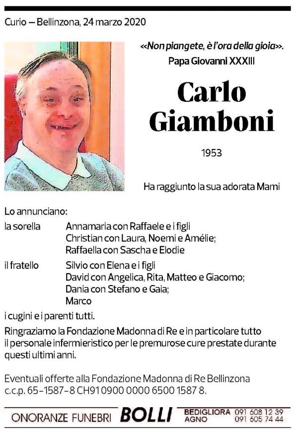 Annuncio funebre Carlo Giamboni