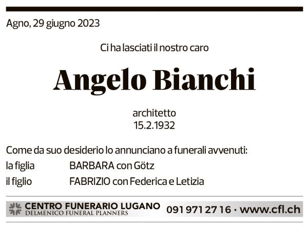 Annuncio funebre Angelo Bianchi