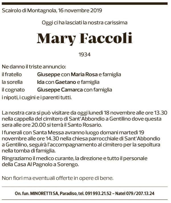 Annuncio funebre Mary Faccoli