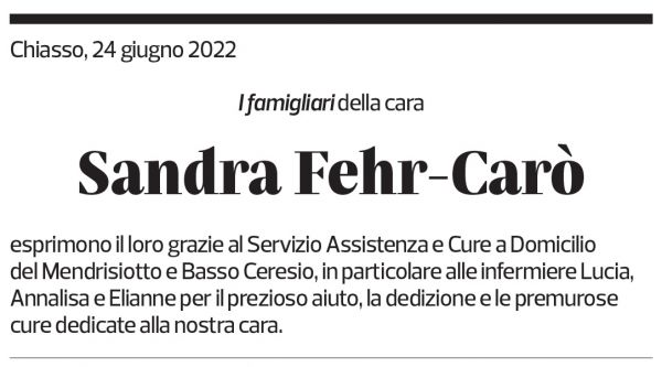 Annuncio funebre Sandra Fehr-carò