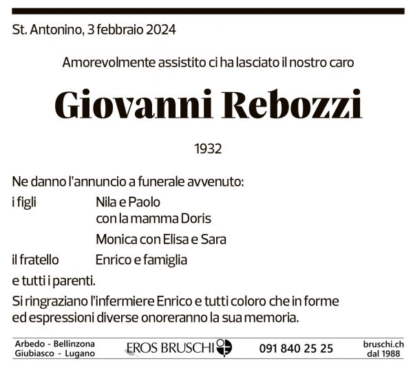 Annuncio funebre Giovanni Rebozzi