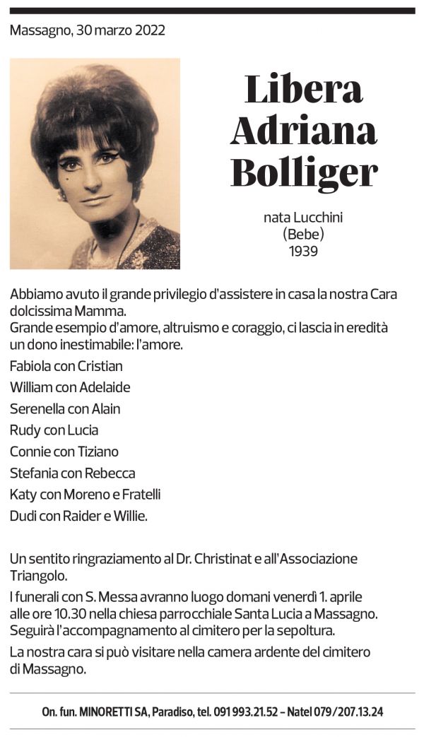 Annuncio funebre Libera Adriana Bolliger