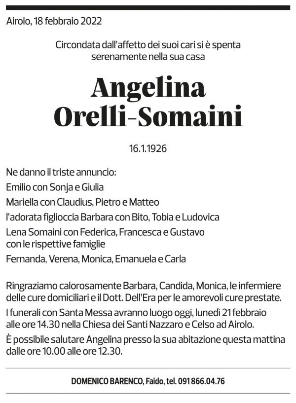 Annuncio funebre Angelina Orelli-somaini