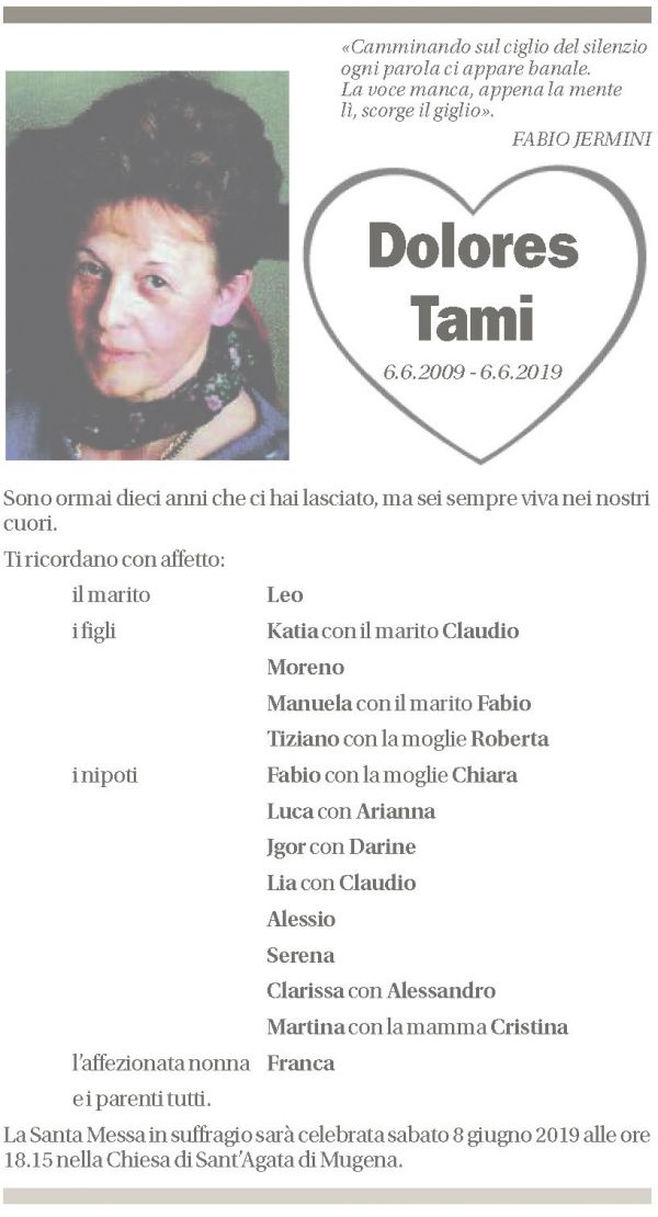 Annuncio funebre Dolores Tami