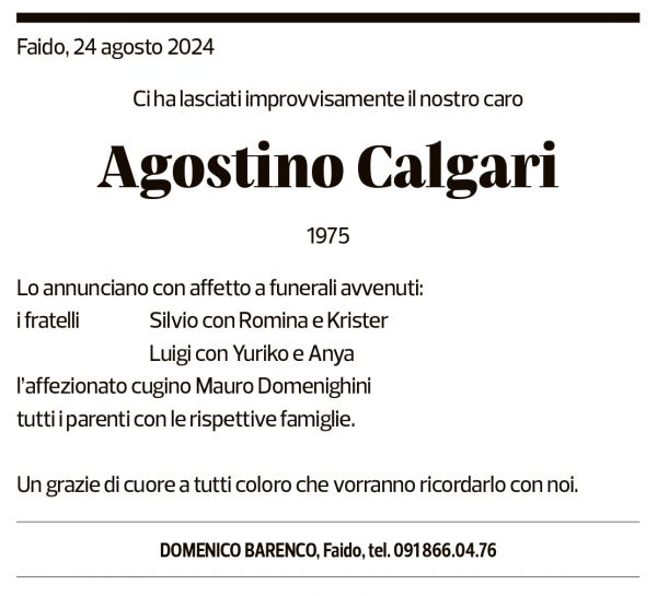 Annuncio funebre Agostino Calgari