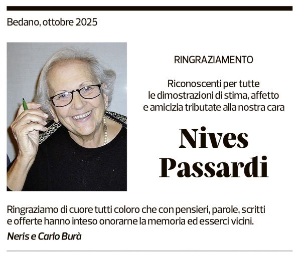 Annuncio funebre Nives Passardi