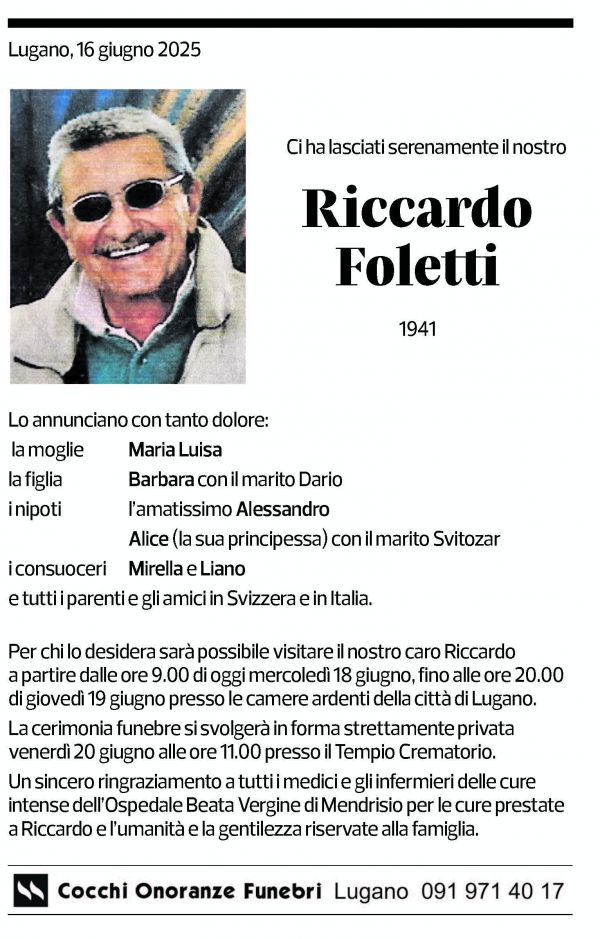 Annuncio funebre Riccardo Foletti