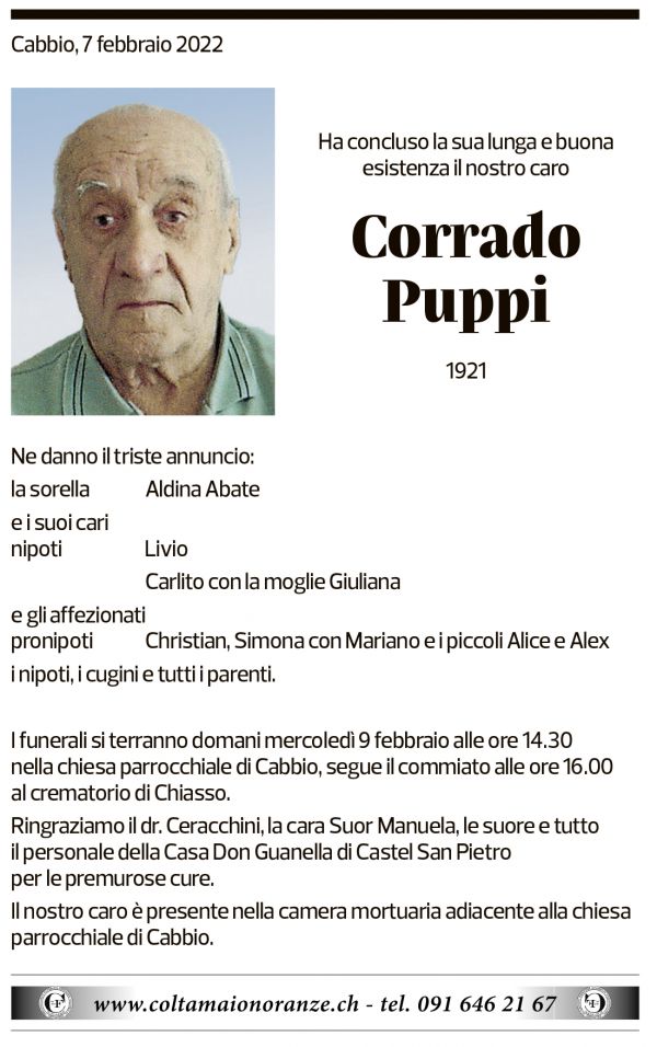 Annuncio funebre Corrado Puppi