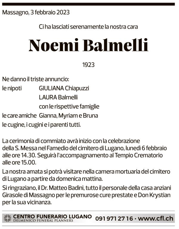 Annuncio funebre Noemi Balmelli