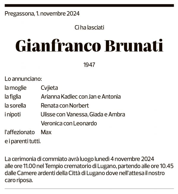 Annuncio funebre Gianfranco Brunati