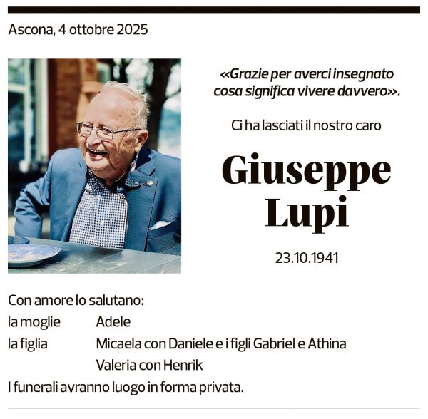 Annuncio funebre Giuseppe Lupi