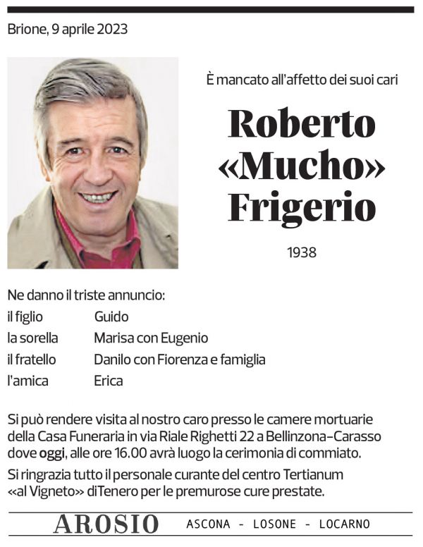 Annuncio funebre Roberto "mucho" Frigerio