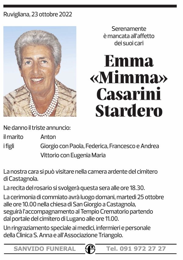 Annuncio funebre Emma "mimma" Casarini Stardero