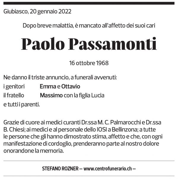 Annuncio funebre Paolo Passamonti