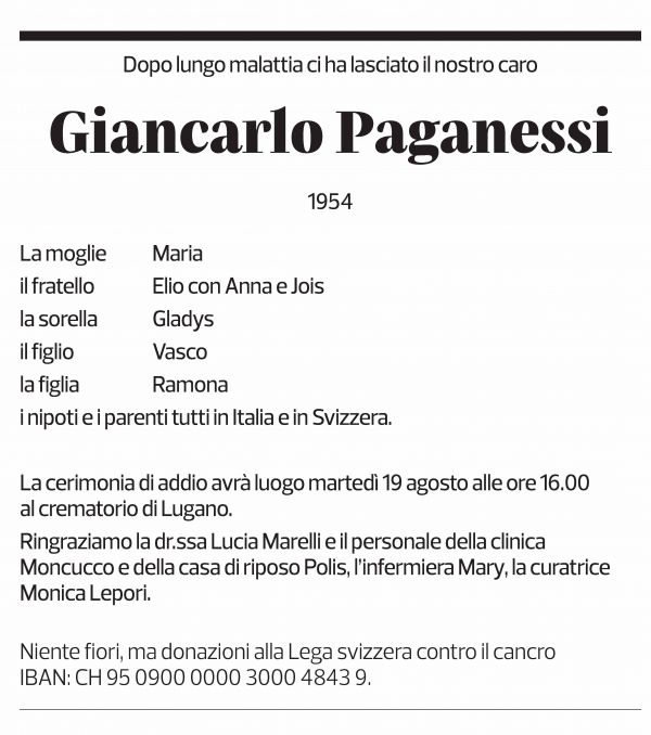 Annuncio funebre Giancarlo Paganessi