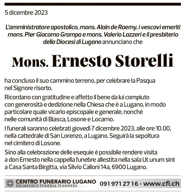 Annuncio funebre Mons. Ernesto Storelli