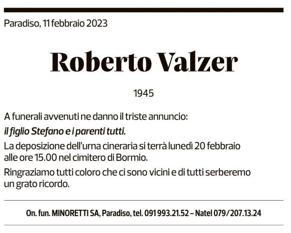 Annuncio funebre Roberto Valzer