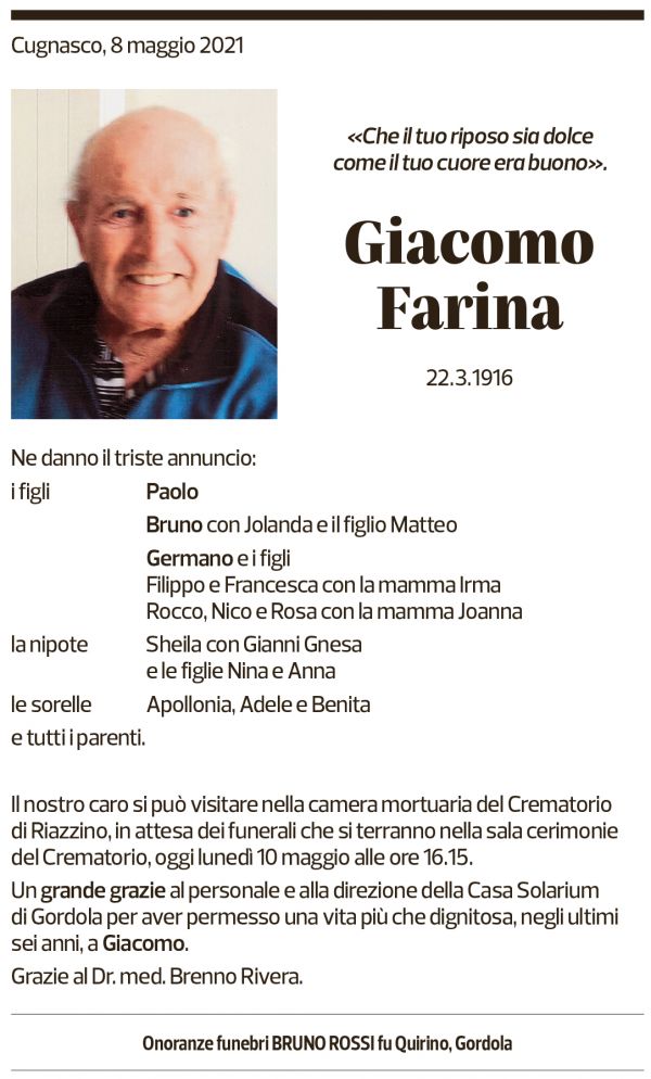 Annuncio funebre Giacomo Farina