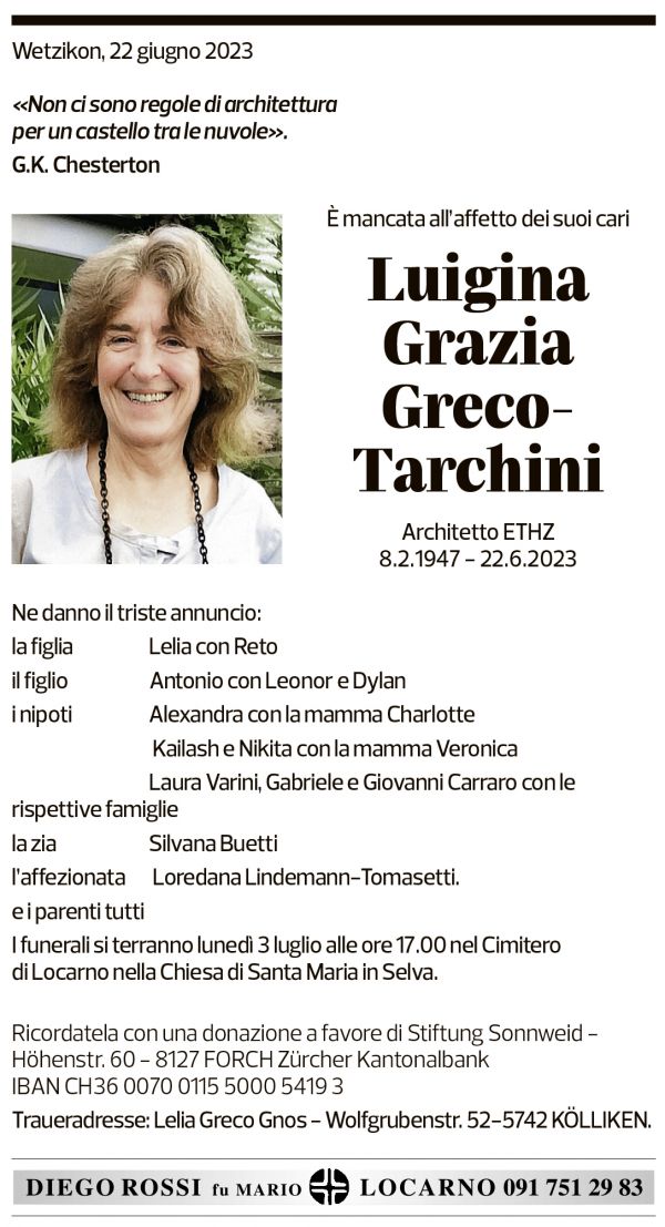 Annuncio funebre Luigina Grazia Greco-tarchini