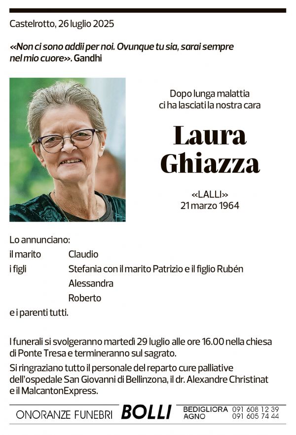 Annuncio funebre Laura Ghiazza