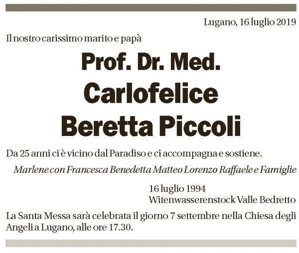 Annuncio funebre Carlofelice Beretta Piccoli