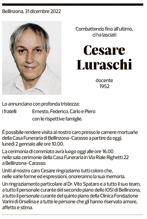 Annuncio funebre Cesare Luraschi