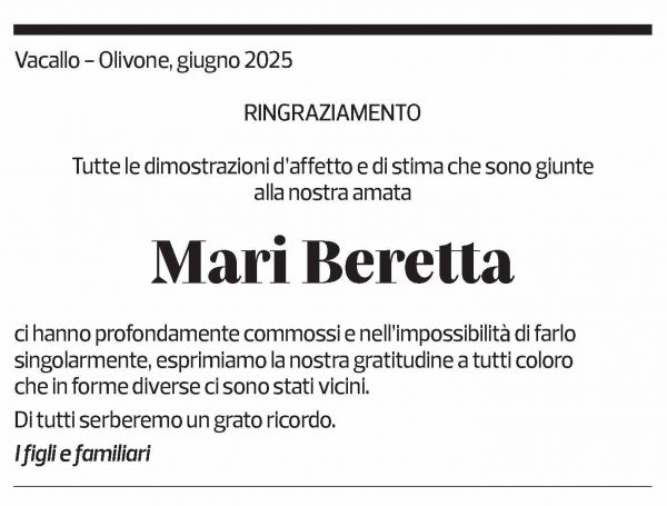 Annuncio funebre Mari Beretta