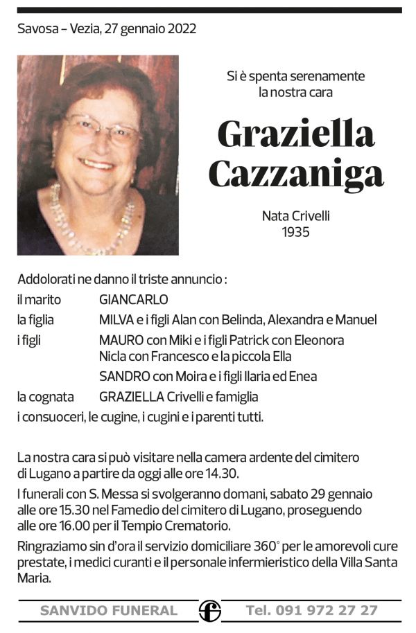 Annuncio funebre Graziella Cazzaniga