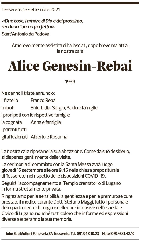 Annuncio funebre Alice Genesin-rebai