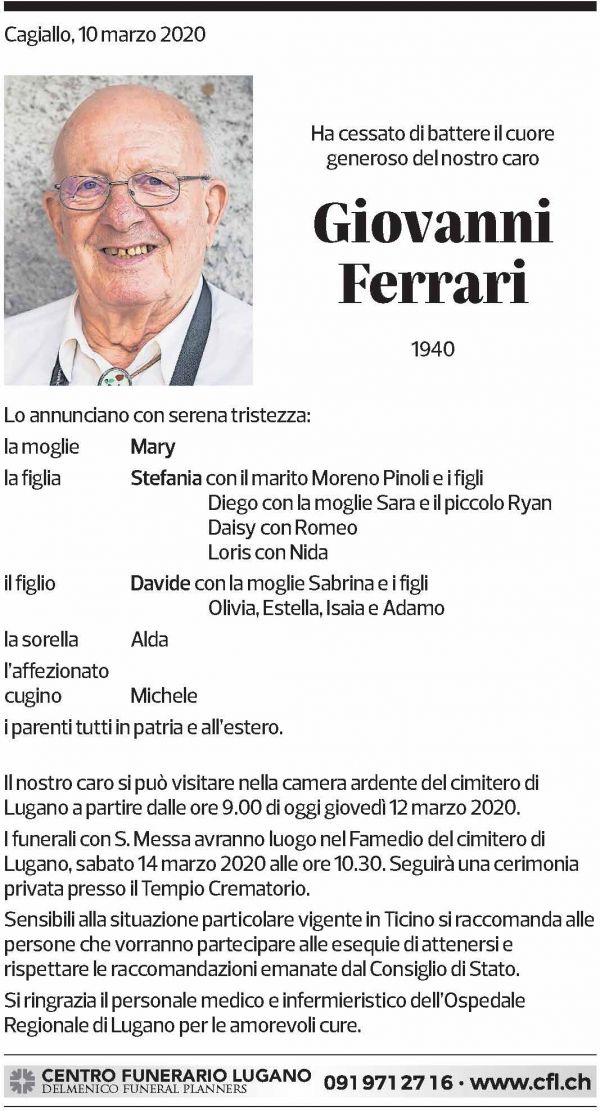 Annuncio funebre Giovanni Ferrari