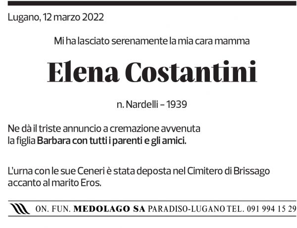 Annuncio funebre Elena Costantini