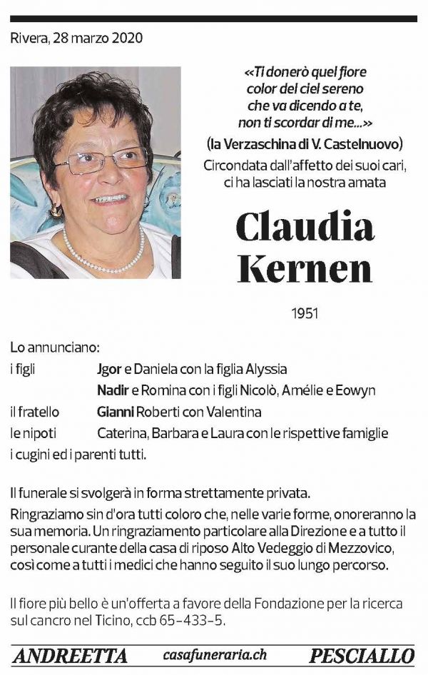 Annuncio funebre Claudia Kernen