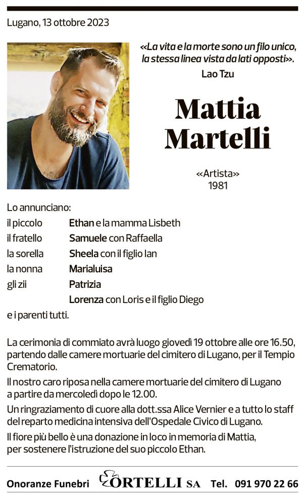 Annuncio funebre Mattia Martelli