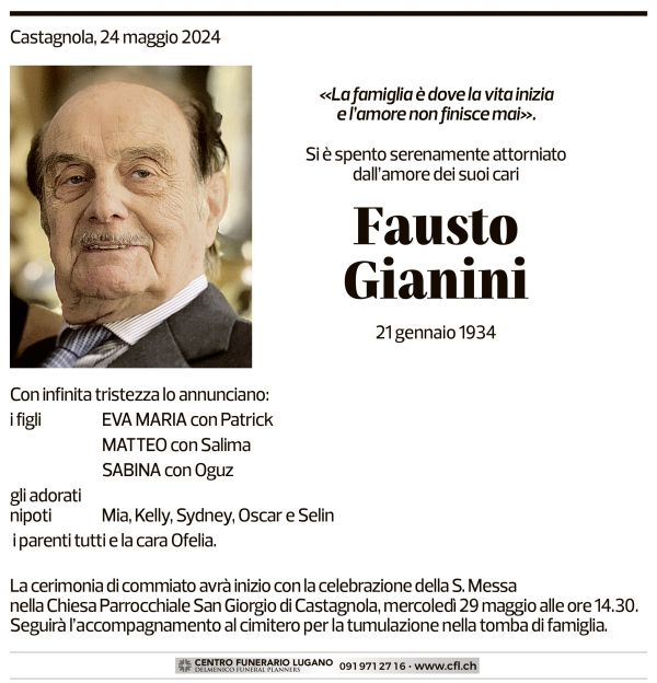 Annuncio funebre Fausto Gianini