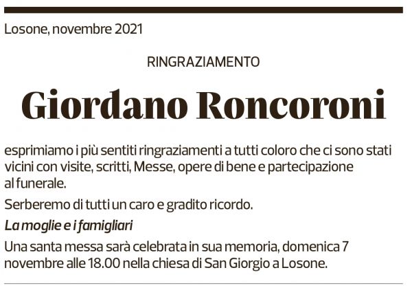 Annuncio funebre Giordano Roncoroni