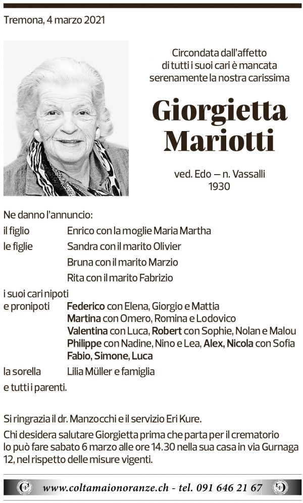 Annuncio funebre Giorgietta Mariotti