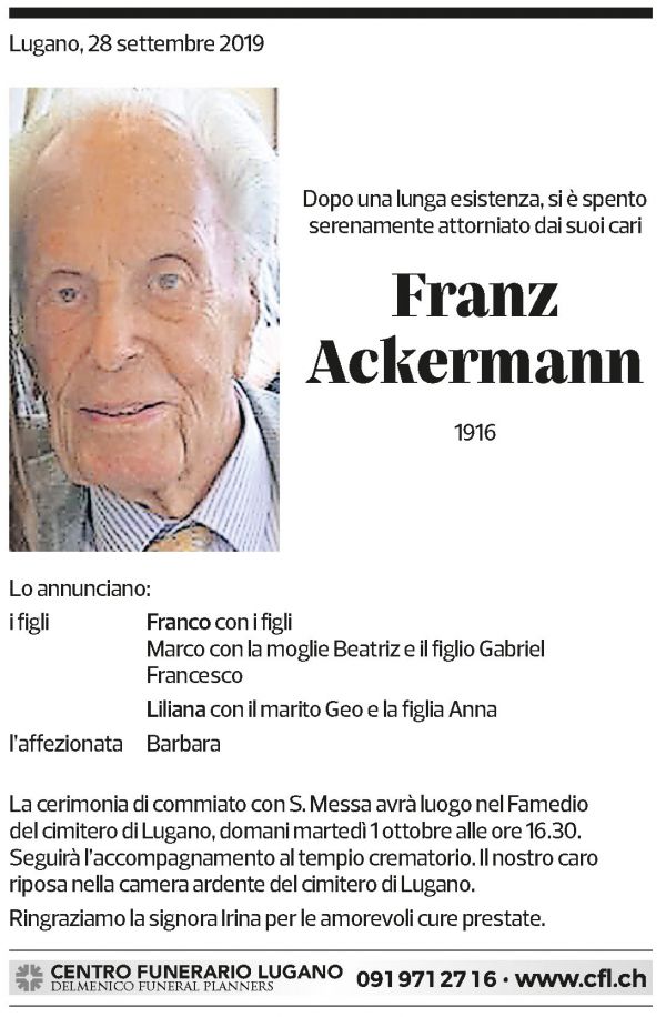 Annuncio funebre Franz Ackermann