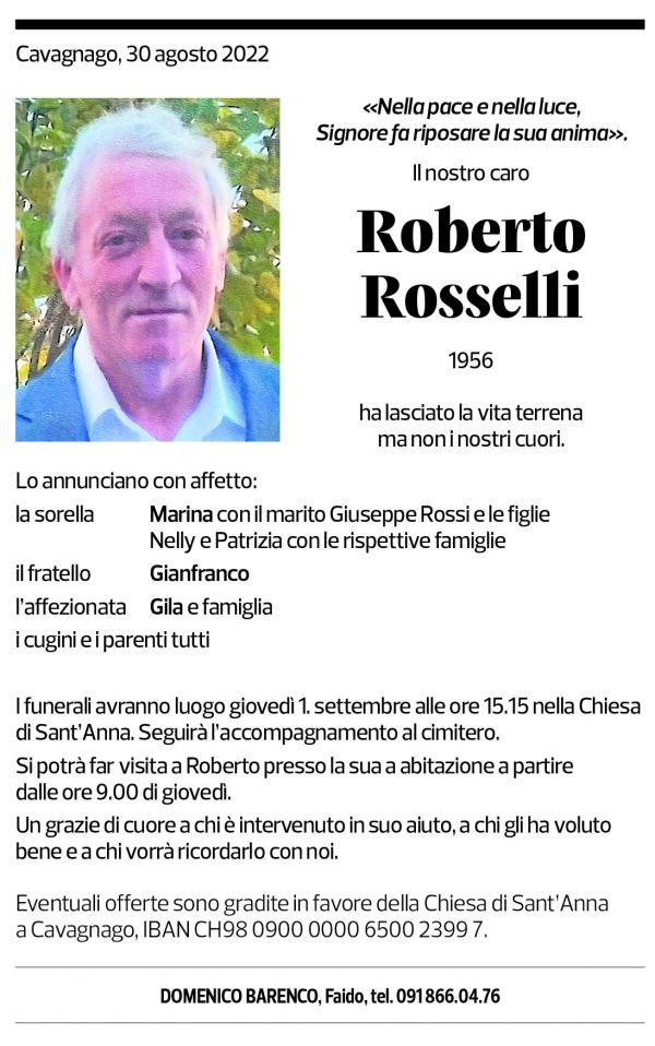 Annuncio funebre Roberto Rosselli