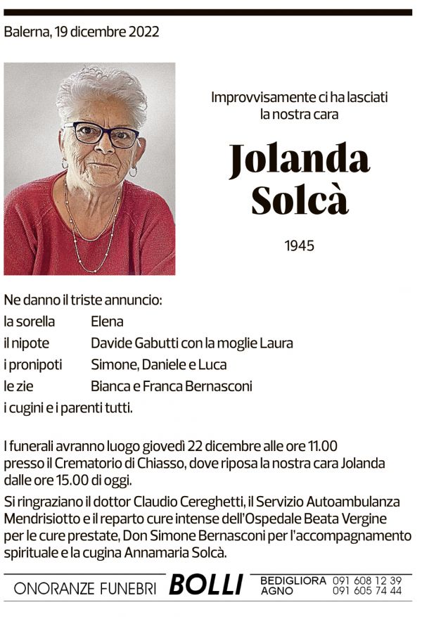 Annuncio funebre Jolanda Solcà