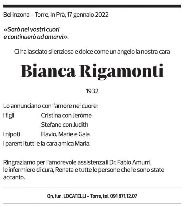 Annuncio funebre Bianca Rigamonti