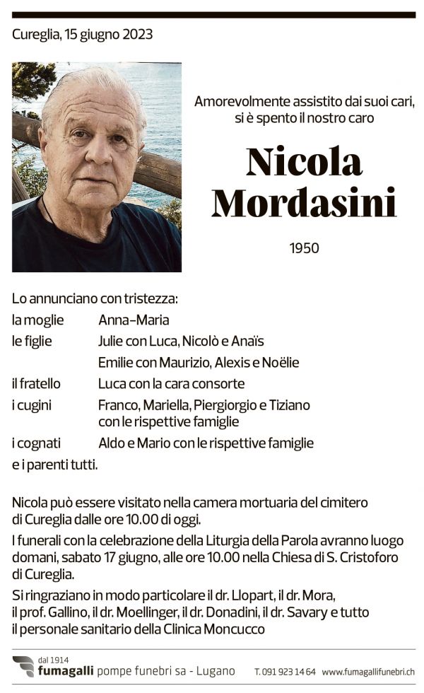 Annuncio funebre Nicola Mordasini