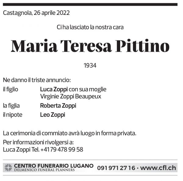 Annuncio funebre Maria Teresa Pittino